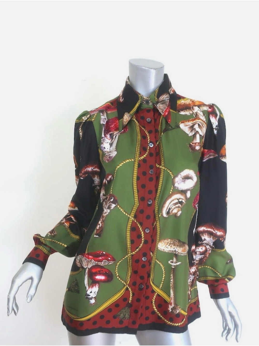 Dolce & Gabbana Olive, Black & Rust Mushroom-Print Silk Blouse Size: 38 - US 2/4